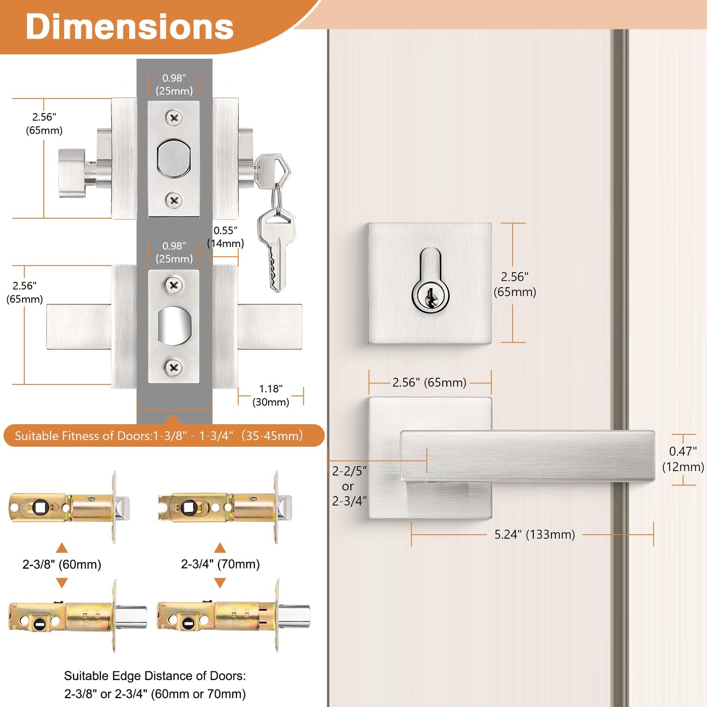 Probrico Brushed Nickel Passage Door Lever with Single Cylinder Deadbolts Combo Pack, Modern Square Lock Set Handleset,Exterior Handle and Set,Same Keys, 2 Pack