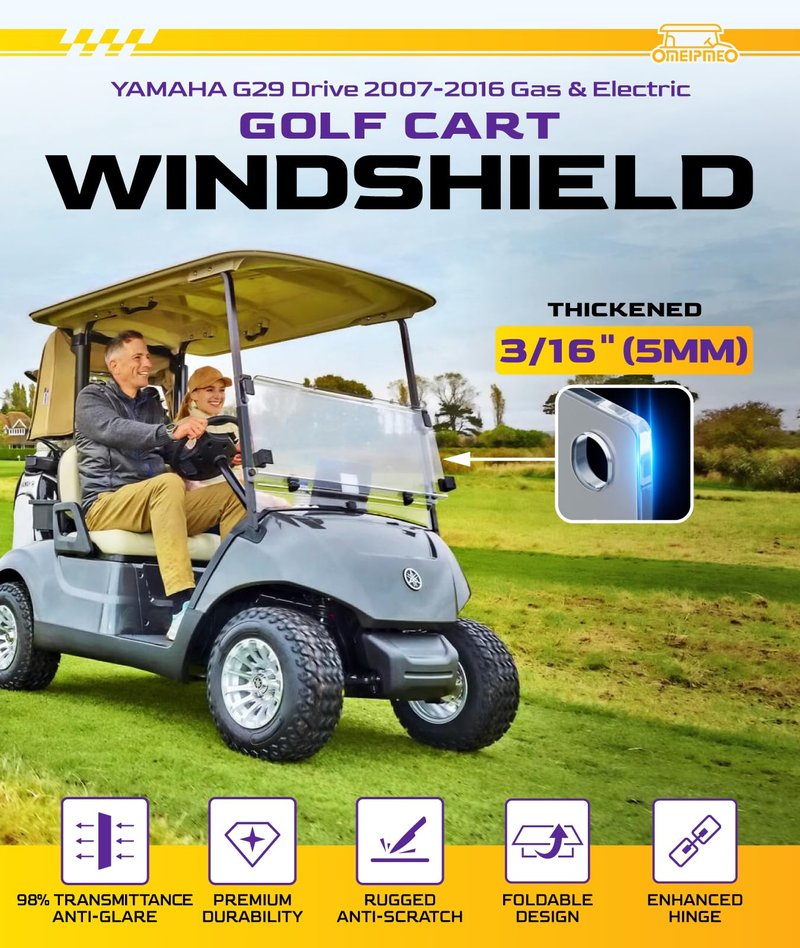Upgrade Golf Cart Windshield for YAMAHA G29/Drive 2007-2016 Gas/Electric Models, Foldable Golf Cart Windshield with Heavy Duty Hinges, Anti-UV&Impact Resistant, 5MM Thick PC Material (Clear)