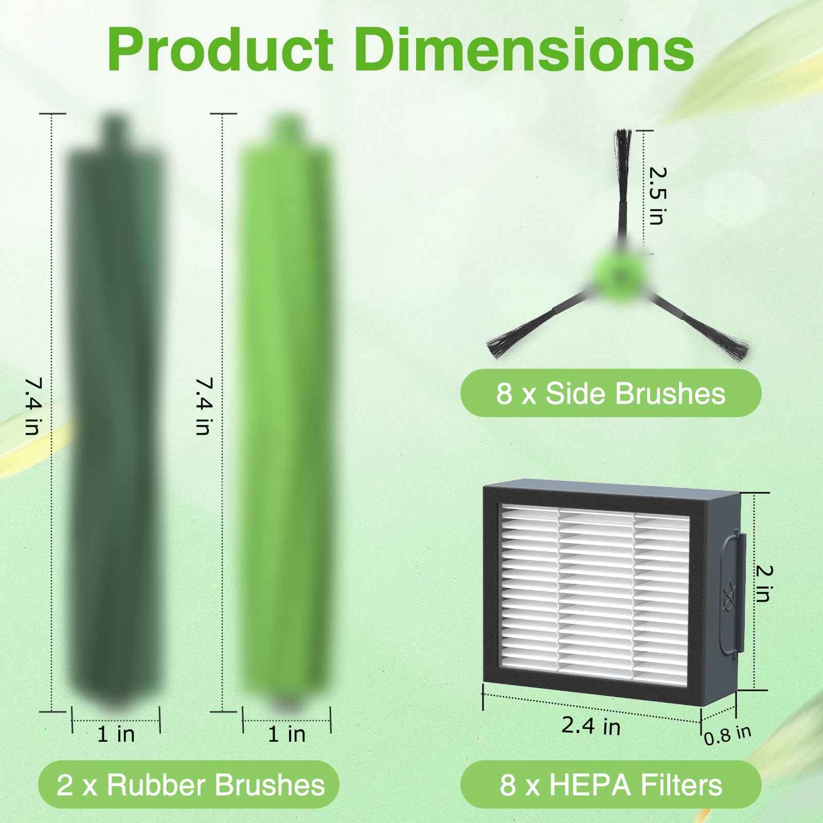 Replacement Parts for iRobot E, I & J Series, Combo i5, j5 Robot Vacuum Accessories Kit Include: 2 Set of Multi-Surface Rubber Brushes + 8 HEPA Filters + 8 Edge-Sweeping Brushes