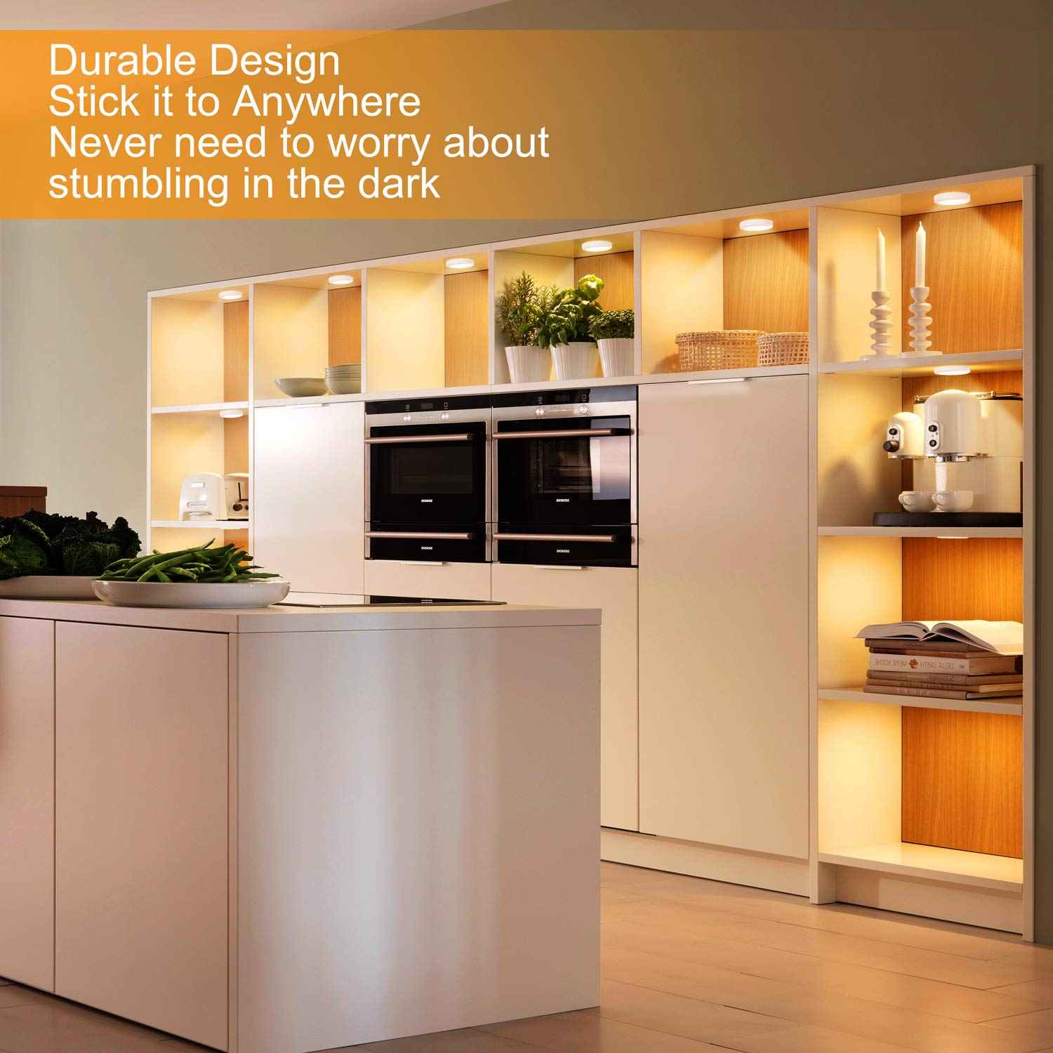 Mlambert 4 Pack Motion Sensor LED Night Light, Cordless Battery-Powered Stick-on Magnet Closet Lights, Safe Lighting for Stairs, Cabinet, Warm White