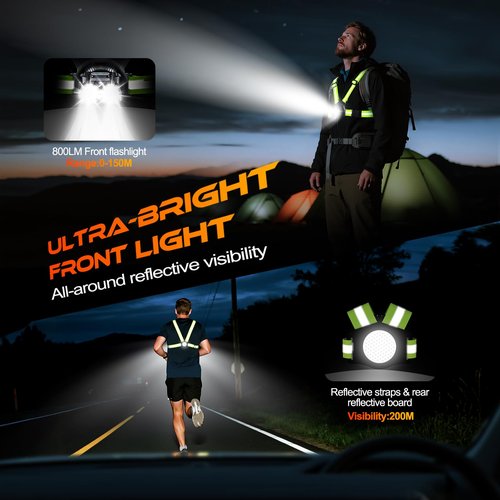 ISEYOU Running Lights for Runners 800LM, 6 Modes Running Light with 45°Adjustable Tilt, IPX5 Waterproof Rechargeable Visibility Reflective Vest for Night Walking/Cycling/Jogging, 4-25Hrs Runtime