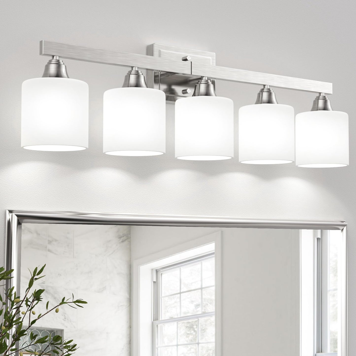 VOLISUN Brushed Nickel Bathroom Light Fixtures, 5-Light Bathroom Vanity Lights Over Mirror, Modern Vanity Light for Bathrooms, Bathrooms Lights Fixtures Over Mirror with Milky White Glass Shades