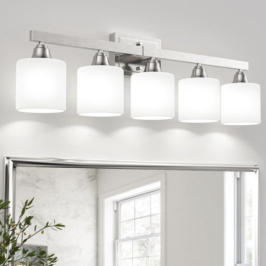 VOLISUN Brushed Nickel Bathroom Light Fixtures, 5-Light Bathroom Vanity Lights Over Mirror, Modern Vanity Light for Bathrooms, Bathrooms Lights Fixtures Over Mirror with Milky White Glass Shades