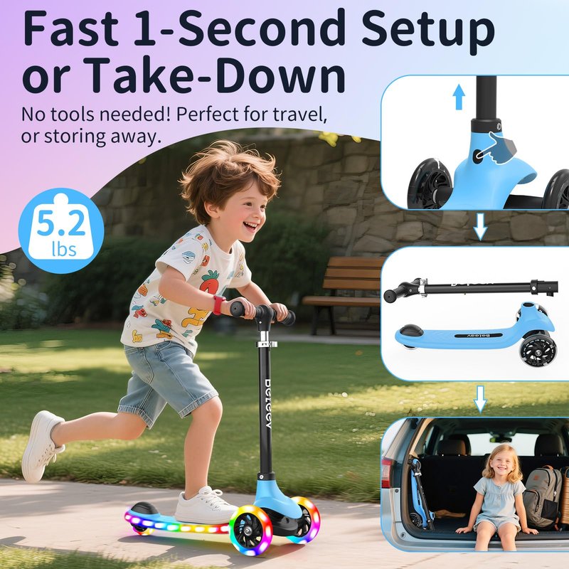 BELEEV A6 Kids Scooter with LED Light-Up Wheels & Deck, 3 Wheel Kick Scooter for Toddlers Girls Boys Ages 3-8, 4 Adjustable Handlebar, Lean to Steer, Non-Slip Deck, Lightweigh Scooter for Kids (Blue)