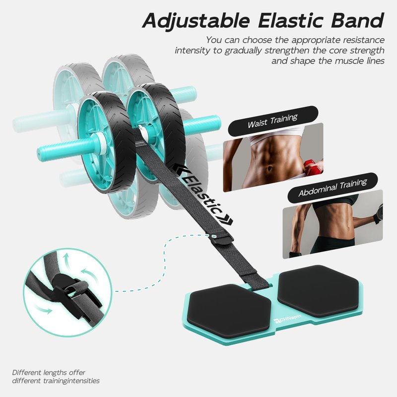CHNApin Double-Wheel Ab Roller for Core Training – Rebound Design with Adjustable Elastic Band, Silent Non-Slip Wheels, Detachable Build, Knee Pad & Bands – Home Gym Gear for Men/Women (Green)