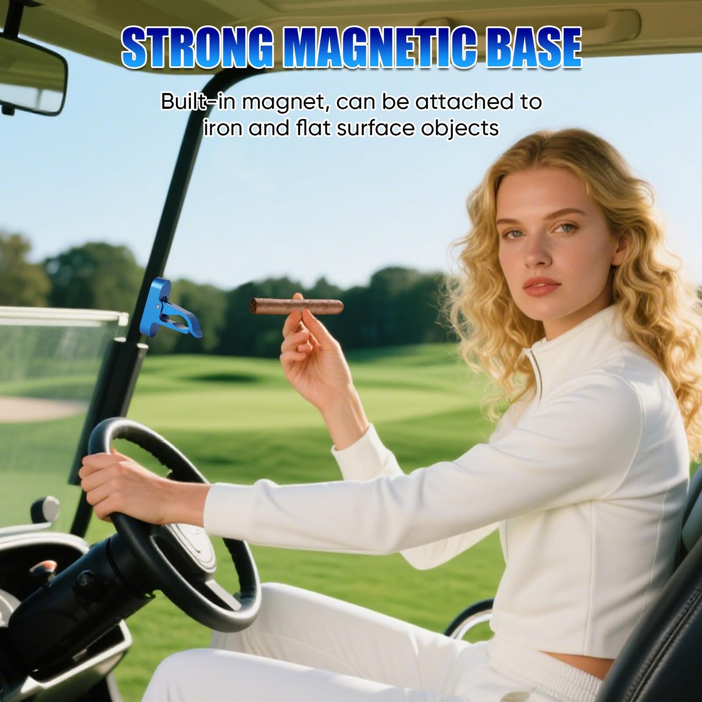 Kingson Magnetic Cigar Holder for Golf Cart, Aluminum Cigar Clip with Velcro Mount, Universal Fit 30-60 Ring Gauge, Golf Accessory & Cigar Gift for Golfers