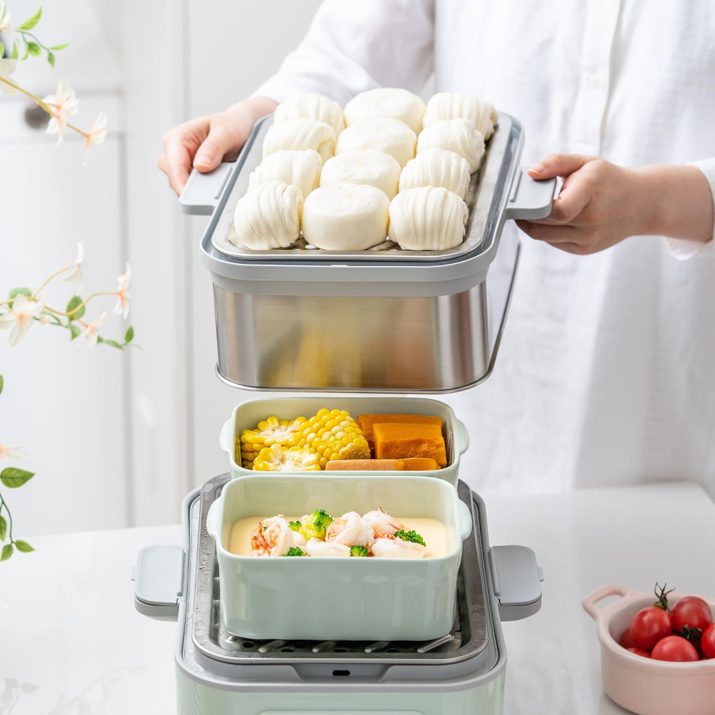 BUYDEEM G52 10.6 Quart 2-Tier Electric Food Steamer for 1-4 Servings, Vegetable Steamer for Cooking, 2-hour Keep Warm, 7 Preset Timings, Dual Boil-Dry Protection, Stainless Steel, Cozy Greenish