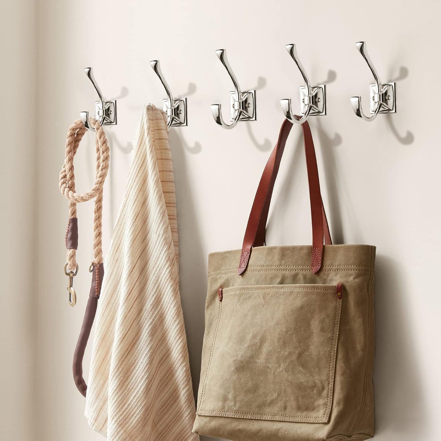 ZAUYX Large Wall Hooks 2 Pack - Polished Nickel Coat and Towel Hook Hardware - 4.35 Inch Double Robe Hook Wall Mounted With Screws for Hanging Coats, Keys, Towels, Bags, Cups, Hats