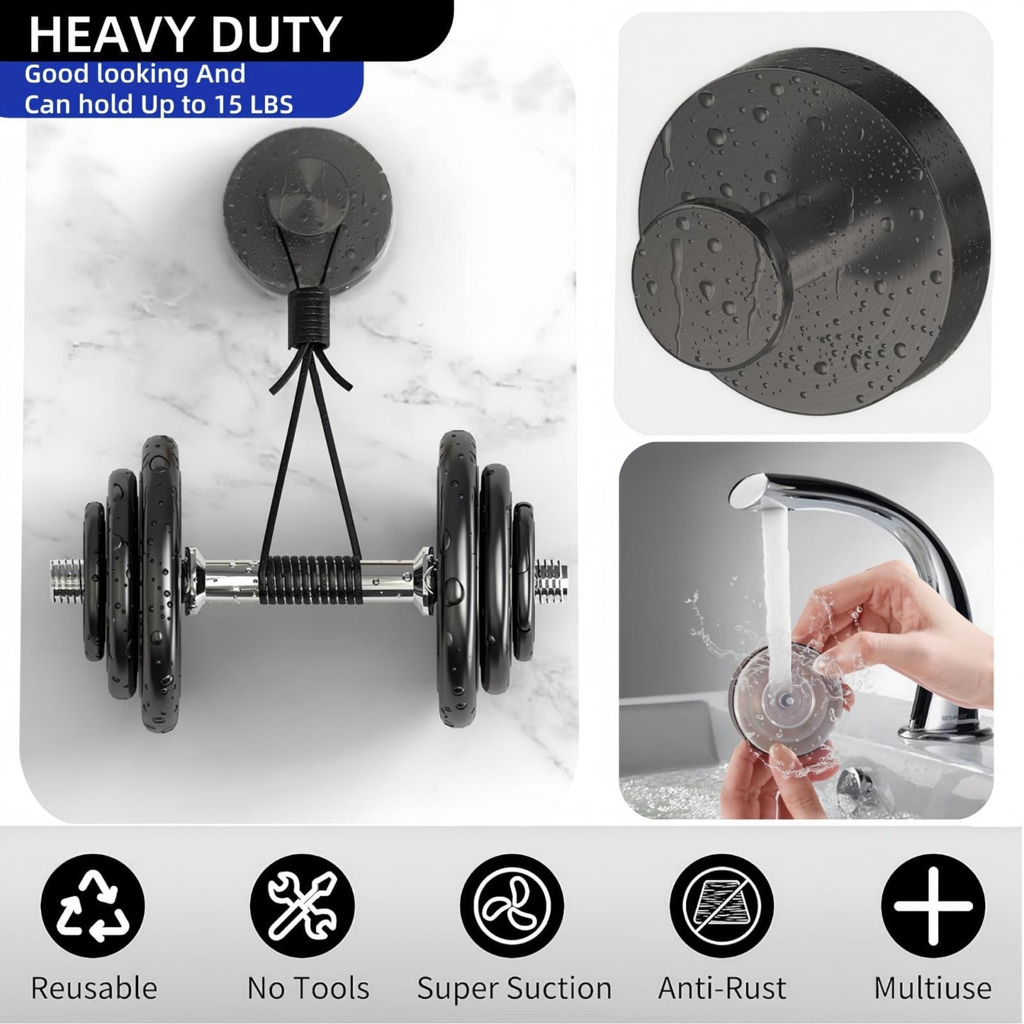 Duilahren Suction Cup Hooks for Wreaths on Glass，Removable Towel Hooks for Bathroom,Window,Glass Door,Wall, Hook for Hanging Bath Robe,Looafh,Name Sign on Front Door,2 Pack,Black