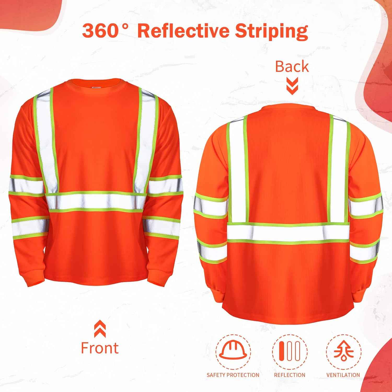 High Visibility Class 3 Safety T-Shirt - 6 Pack Long Sleeve Reflective Work Shirts for Construction & Surveying