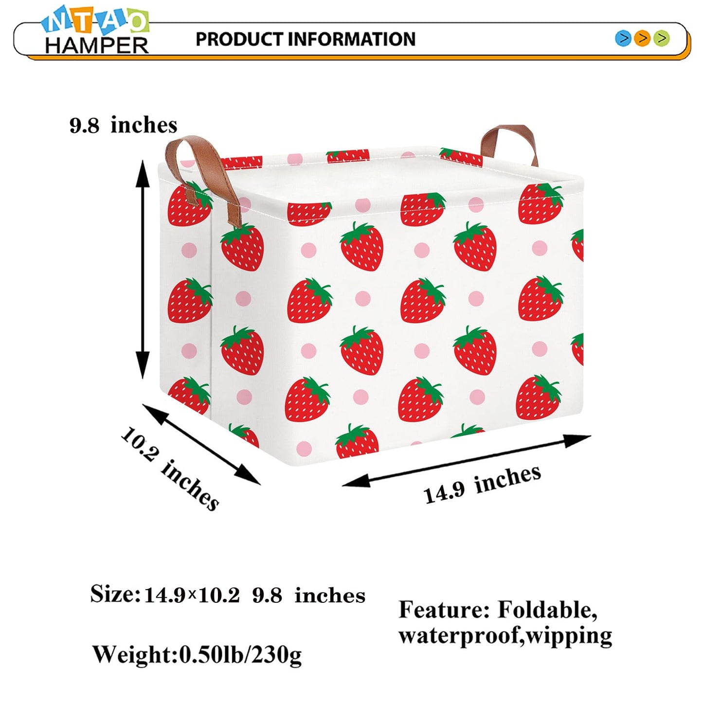 NTAOHAMPER Rectangular Storage Basket Empty, Storage Bin with Handles, Room Decor, Gift Basket, Book Box(Strawberry)