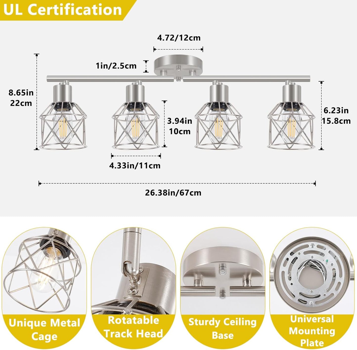 Adjustable 4-Light Semi Flush Mount Ceiling Light with Metal Cage - Farmhouse Style for Dining & Living Rooms