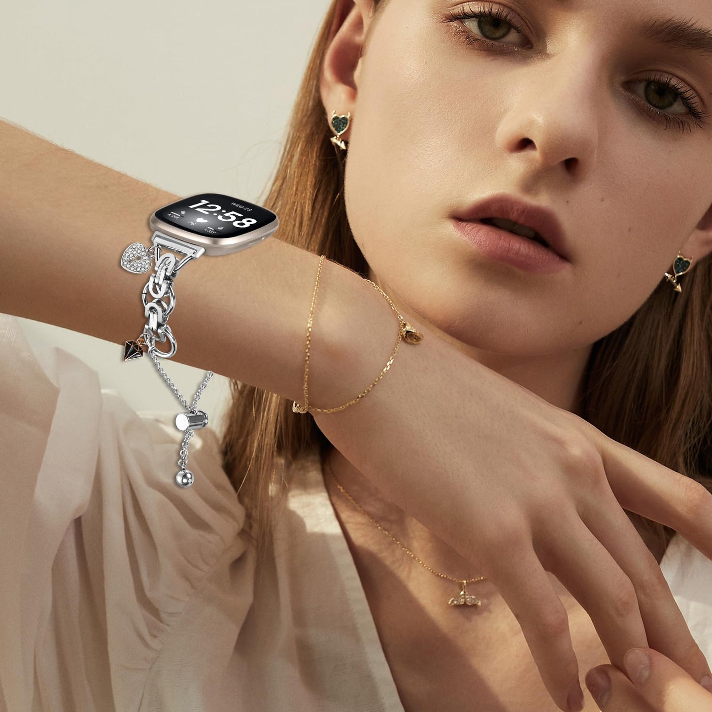 Feigand Bling Bands Compatible with Fitbit Versa 4/Sense 2/Versa 3/Sense, Shinny Metal Bracelet Straps Luxurious Rhinestone Replacement Wristband for Women (Silver)