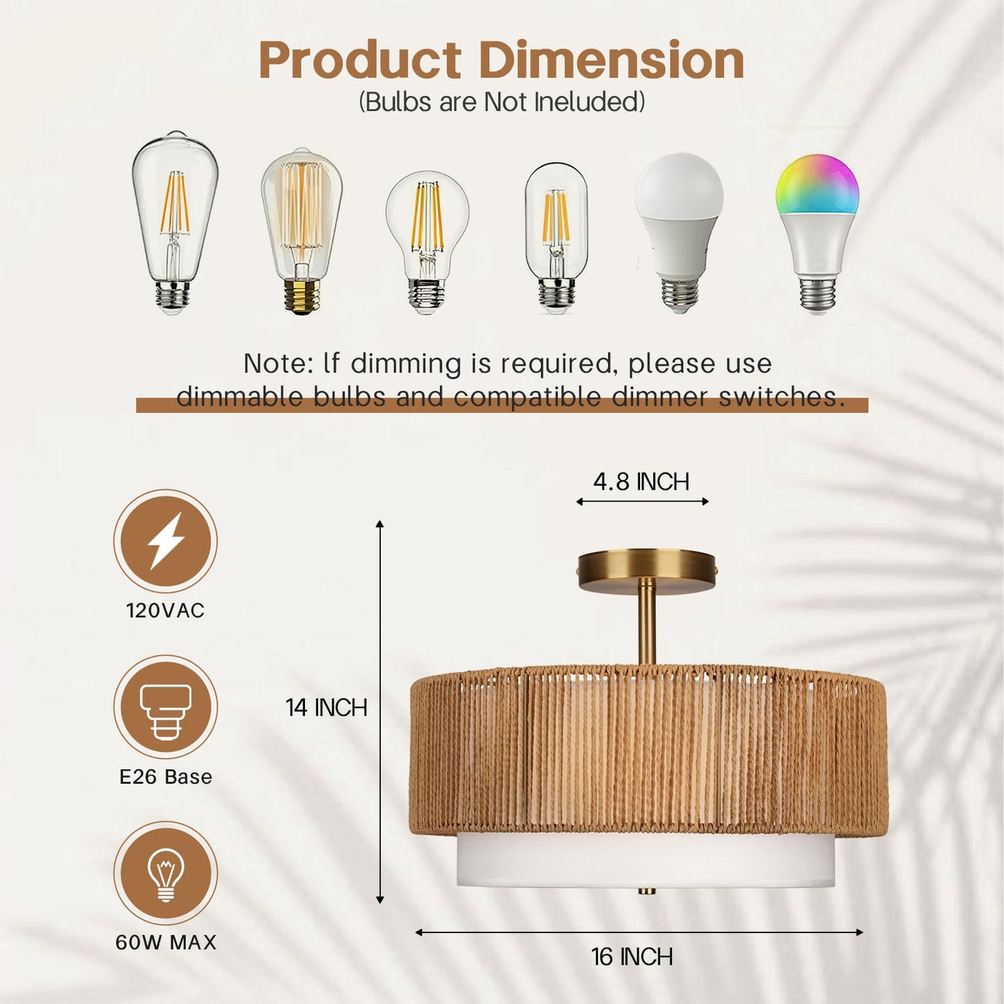 Scyvenra 16'' Semi Flush Mount Ceiling Light Fixture, Boho Light Fixtures with 2-Tier Drum White Fabric Shade, 3-Light Farmhouse Rattan Drum Light Fixture for Bedroom, Living Room, Kitchen