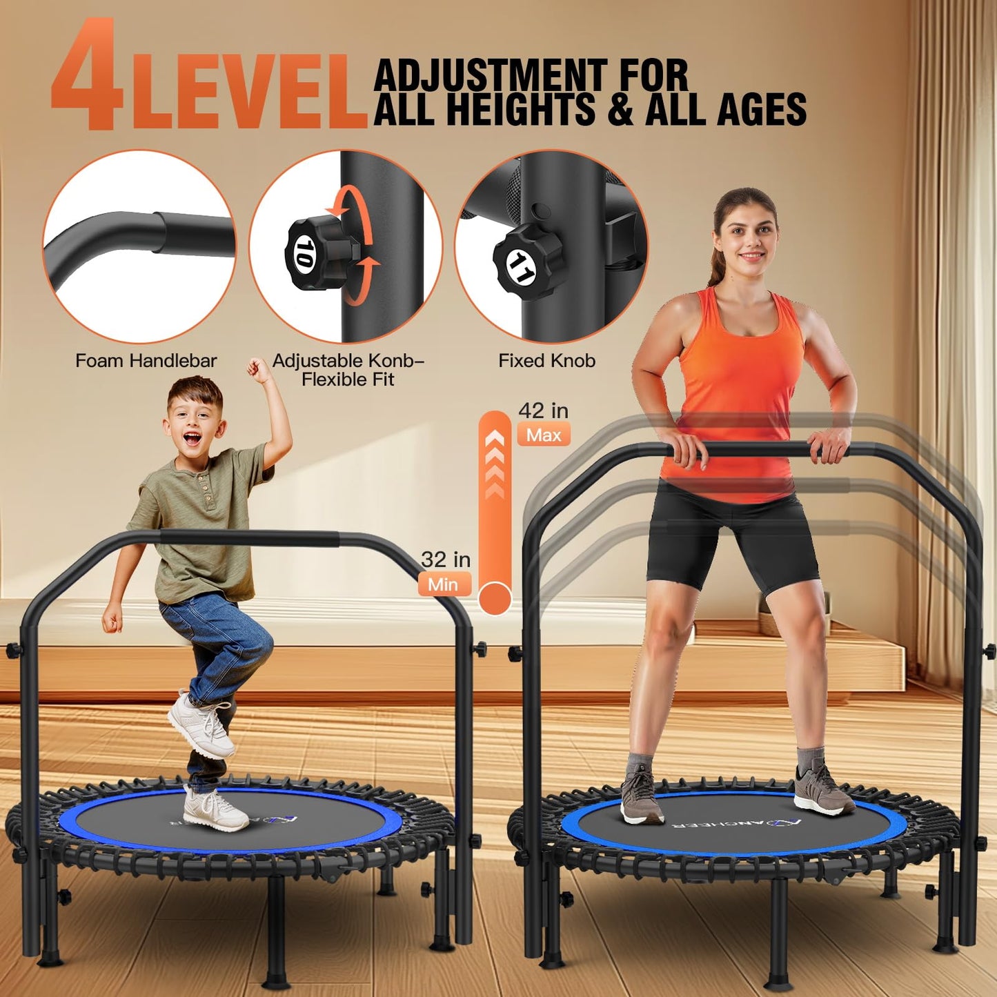 ANCHEER 40" Foldable Rebounder Trampoline for Adults/Kids with Resistance Bands and Bungees, Fitness Home, Indoor & Outdoor Mini Trampoline with Bar and Safety Padding - Max Load 330lbs (Blue)