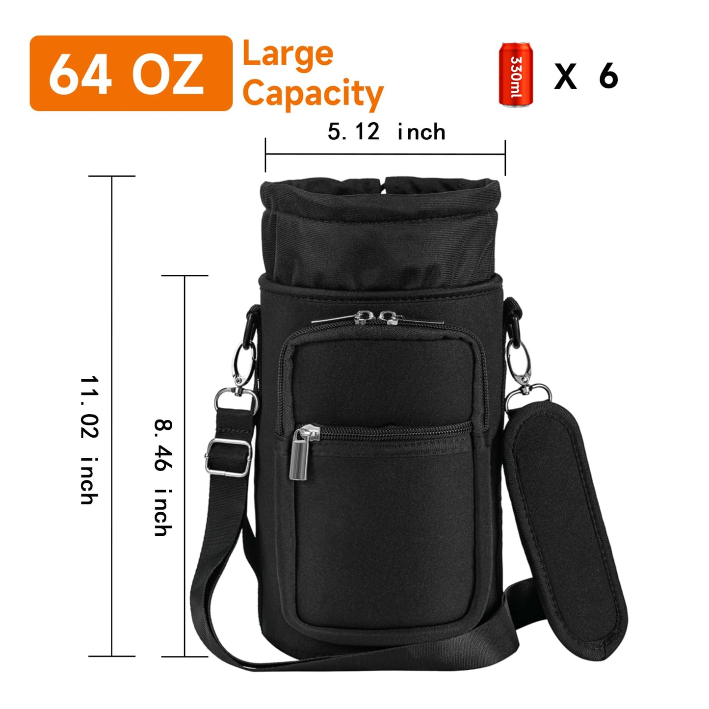 AceTreker 64 oz /87 oz/128 oz Neoprene Water Bottle Sleeve for Insulated Metal Water Jug Bottles, Carrier Sling Bag with Adjustable Shoulder Strap & Paracord Handle and 2 Pocket for Walking-Black