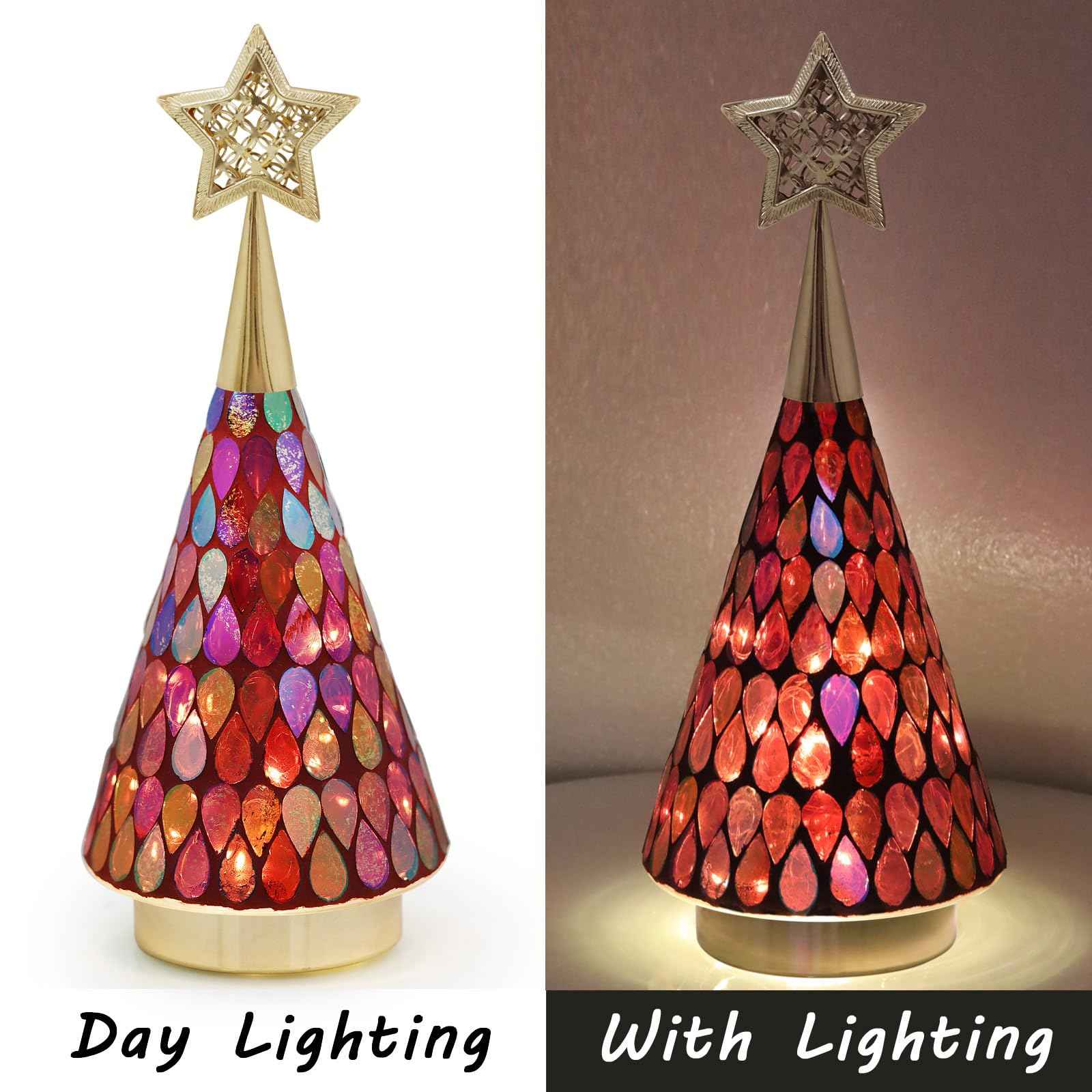 Small Red Glass Christmas Trees, 3 PCS Handmade Mosaic Glass Table top Christmas Trees with Light, Battery Operated Xmas Tree for Bedroom Decor 11"