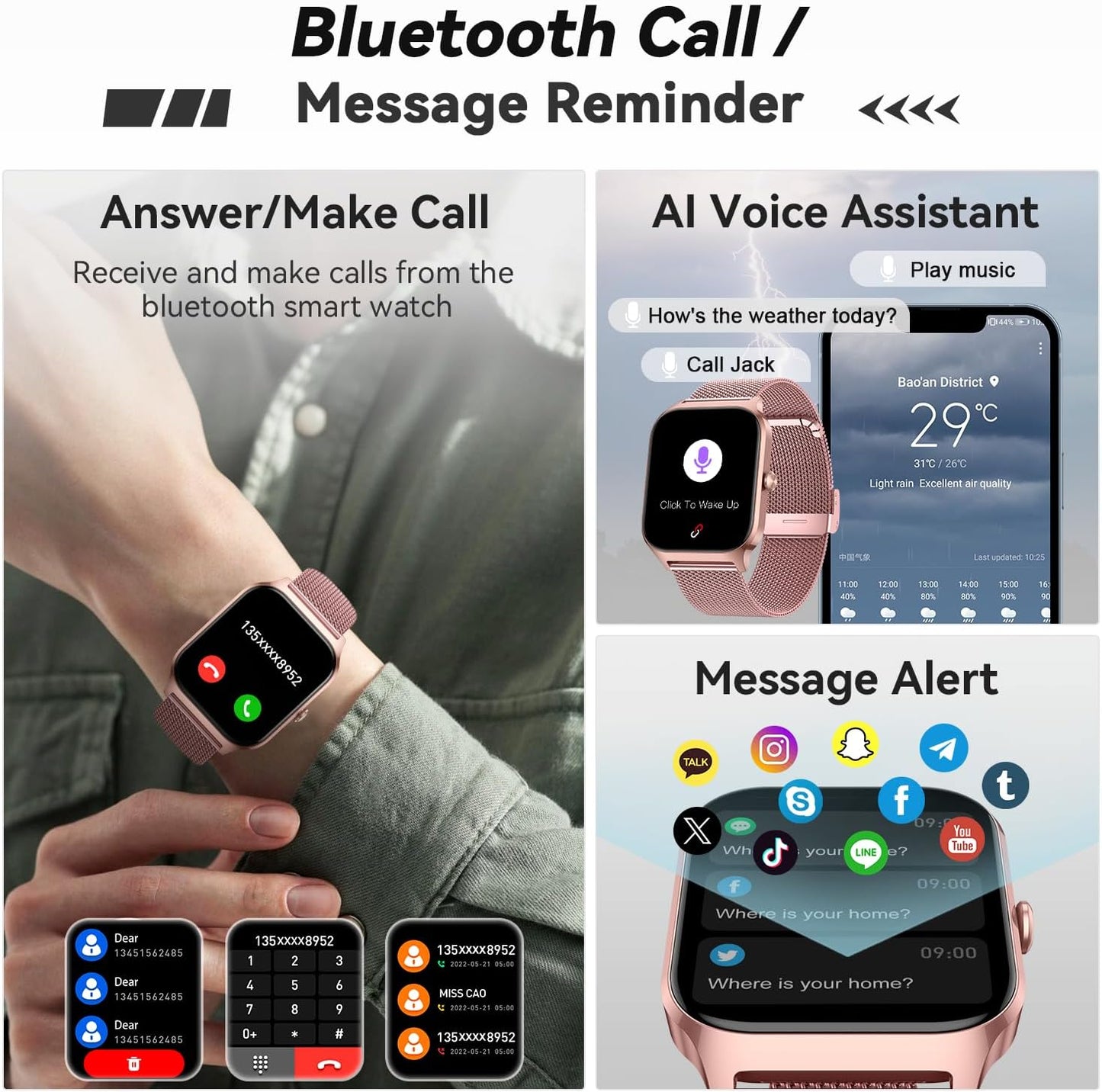 Skiennix Smart Watch | Women's Fitness Tracker - Rose Gold, Bluetooth, Waterproof, Heart Rate Monitor