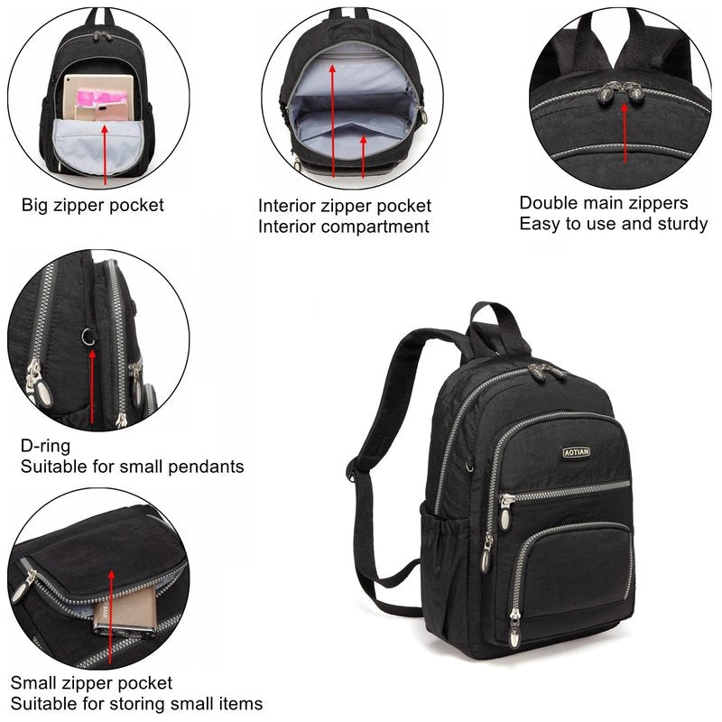 AOTIAN Small Size Backpack, Durable Lightweight Daypack for Women Girls & Boys Hiking Travel Sports, Black