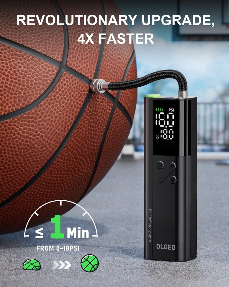 Olgeo Electric Ball Pump, 16PSI Portable Air Pump with Pressure Gauge and Digital LCD Display for Basketball Pump, Soccer Ball, Football, Volleyball, 4X Faster Sports Ball Pump