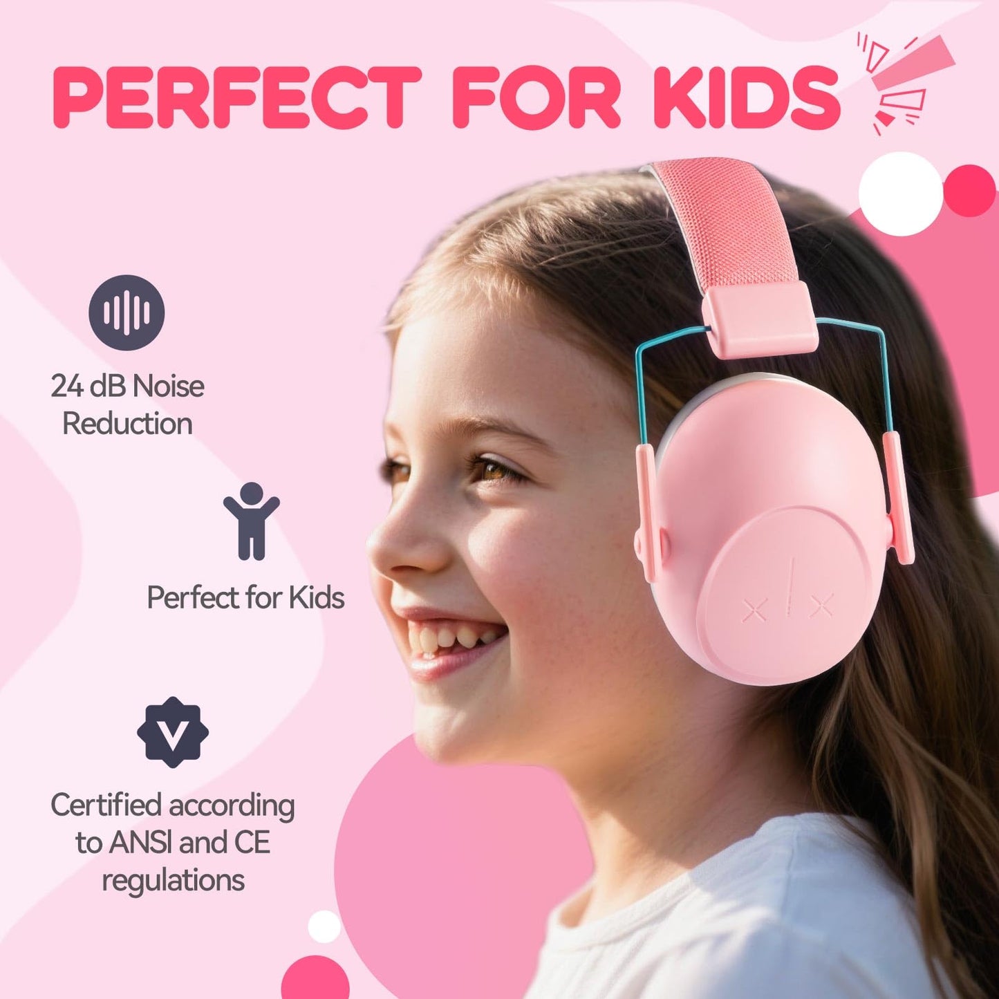 Dison Noise Cancelling Headphones for Kids, Kids Ear Protection NRR 26dB Noise Reduction Ear Muffs for Concerts, Fireworks, Shooting Pink