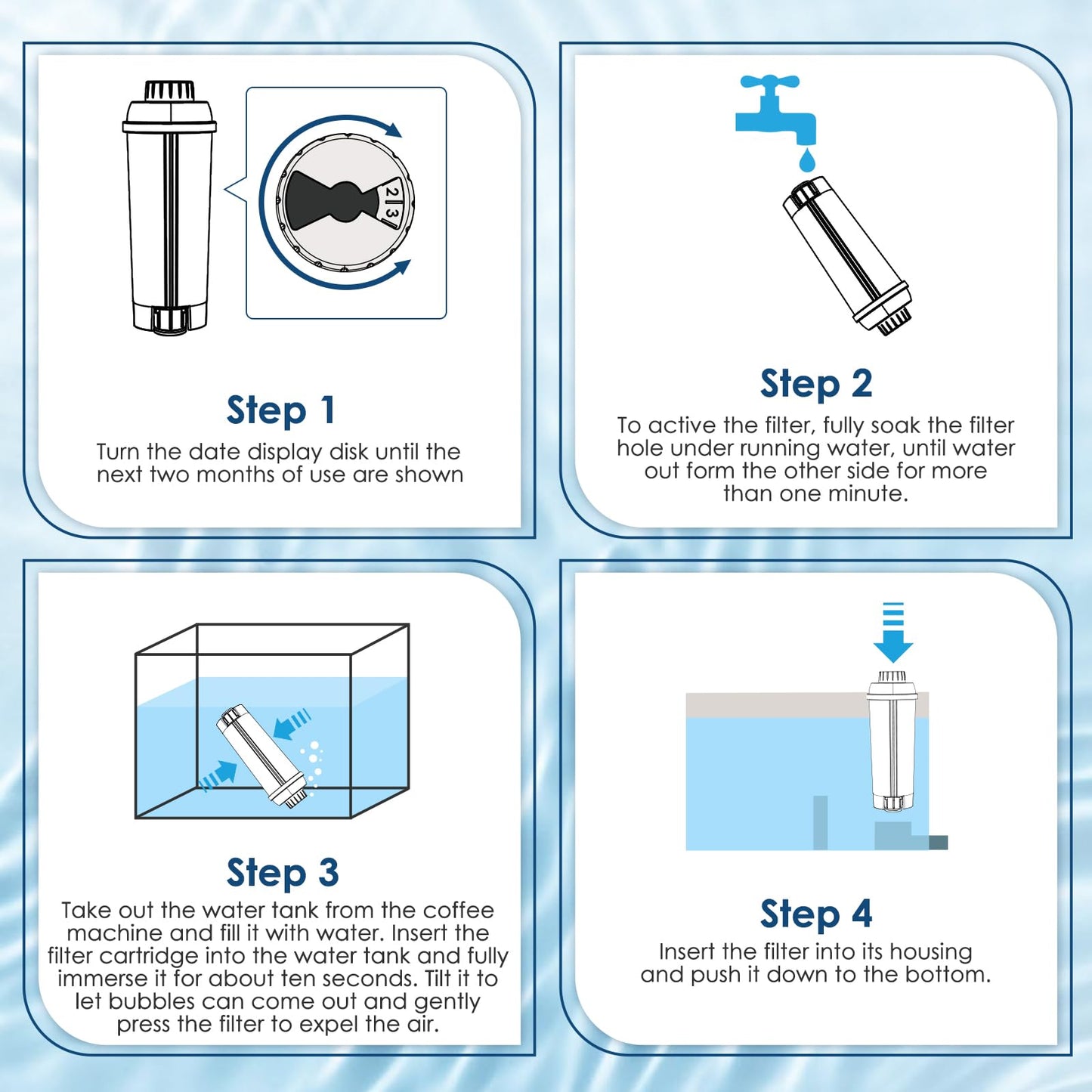 DLSC002 Water Filter Replacement Compatible With Delonghi Coffee Machine Filter Activated Carbon Softener For De'longhi Magnifica evo, Dinamica, Eletta, ECAM, ESAM, ETAM, Bco410/420, Ec680/800, 4 Pack
