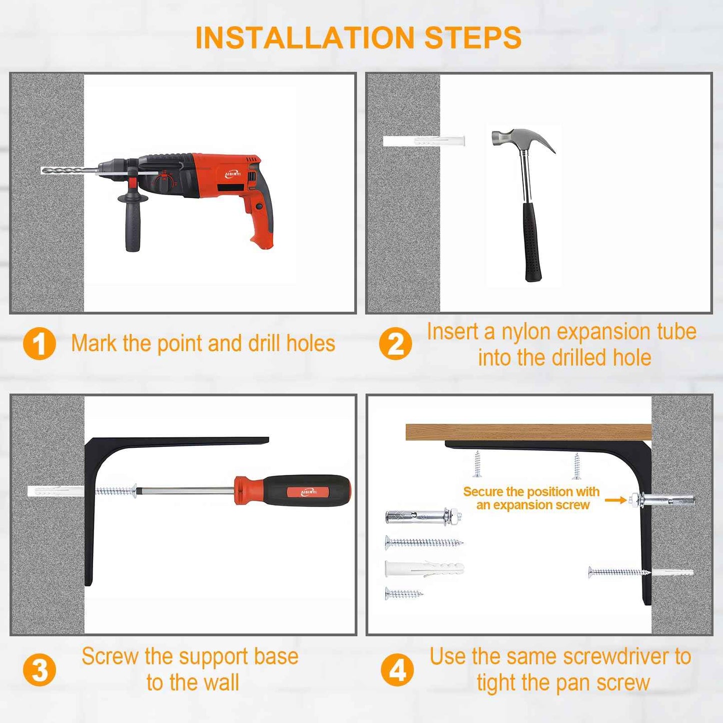 AISINYI 10" x 8" Metal Shelf Brackets, Heavy Duty L Hanging Angle Brackets, Iron Wall Bracket for Countertop Support, Corner Brace Joint, Black, 4 PCS