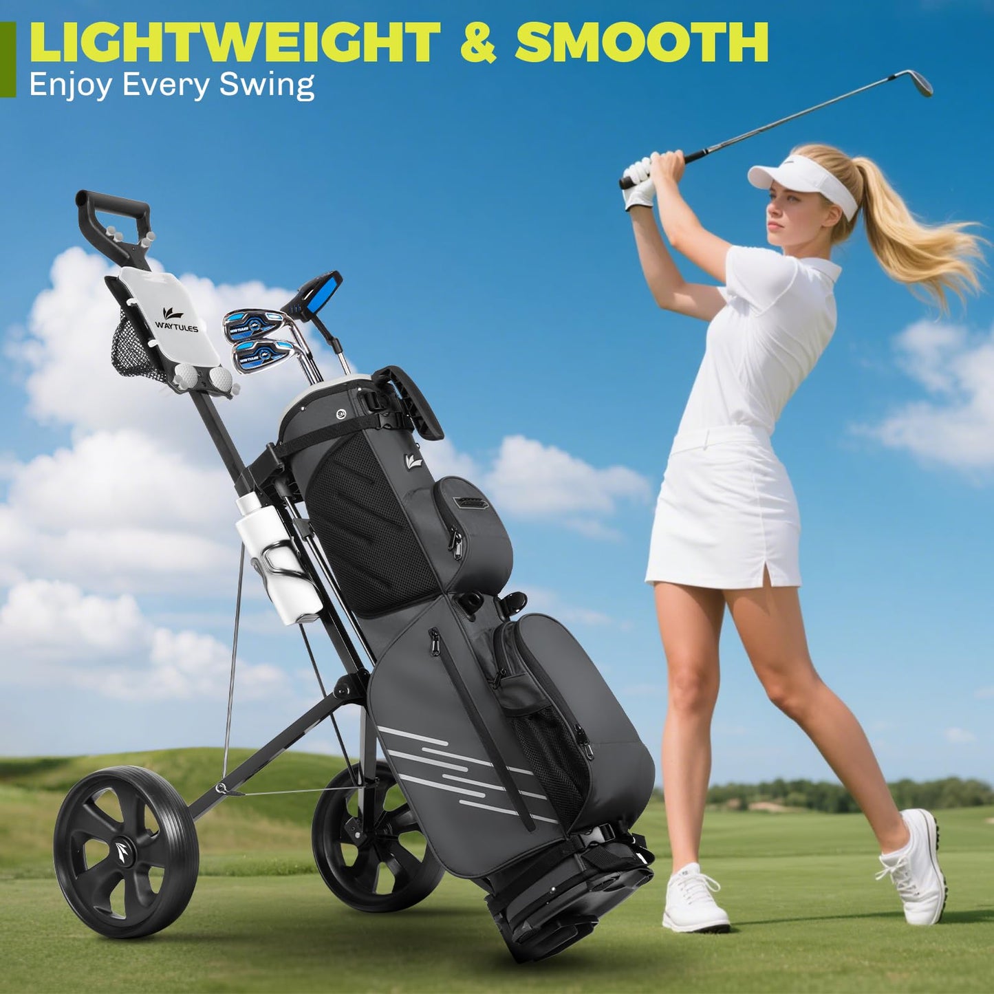 WAYTULES 2-Wheel Golf Pull Cart – Lightweight Foldable Golf Push Cart with Durable Steel Frame, Adjustable Web Straps, Compact Design for Walking Golfers(Black)