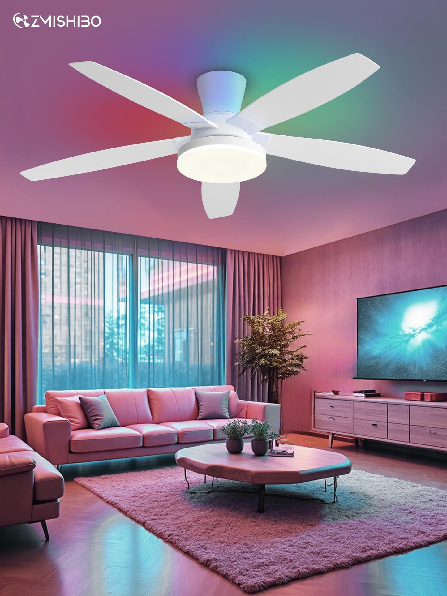 ZMISHIBO 48 inch RGB Ceiling Fans with Lights and Remote/APP Control,White Low Profile Ceiling Fan with Quiet DC Motor,LED Dimmable, Modern Flush Mount Ceiling Fan for Bedroom Indoor,Party, Patio