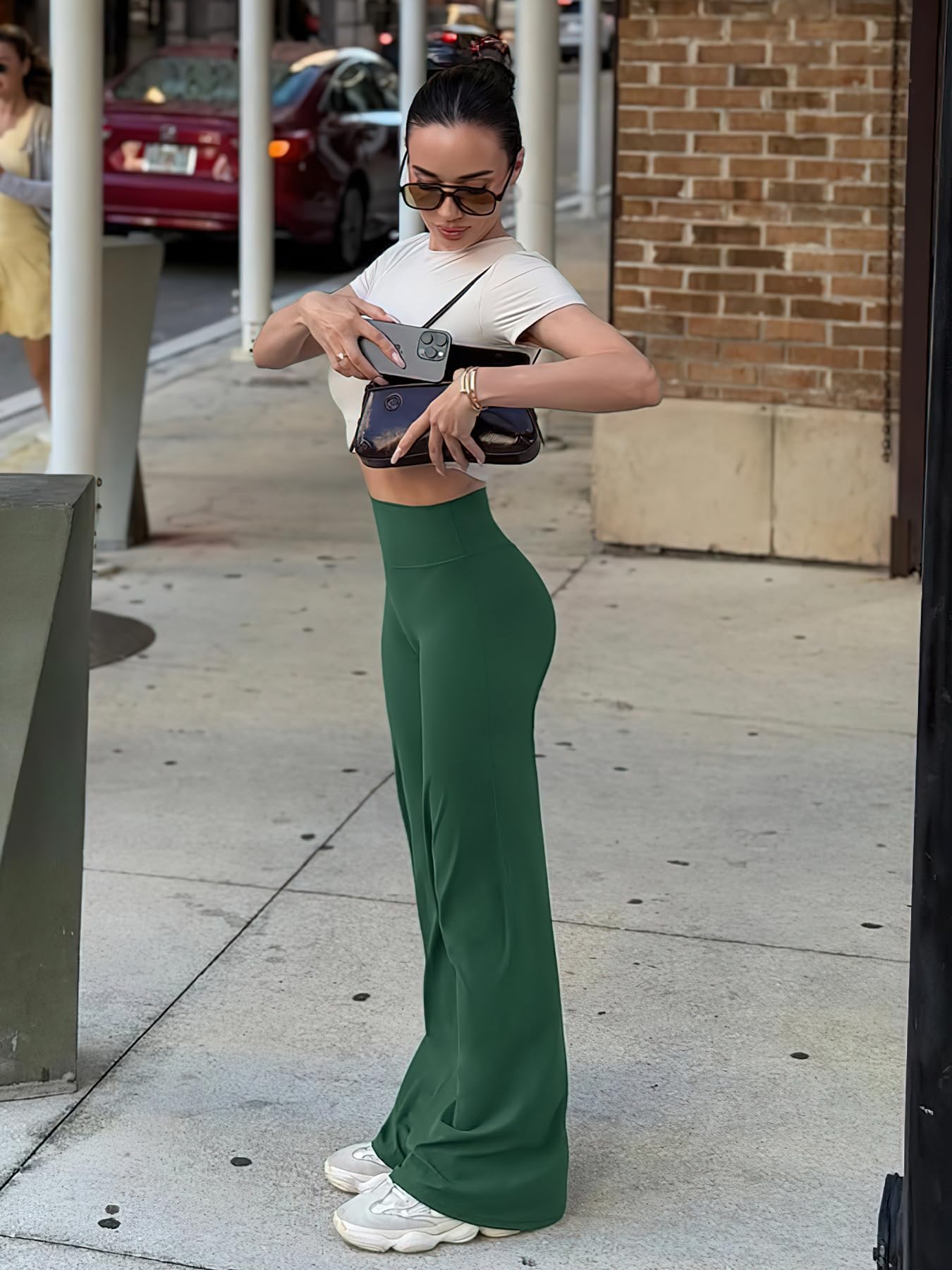 YEOREO Workout Leggings Womens No Front Seam Straight Leggings 35" High Waist Buttery Eddiy Gym Yoga Pants Dark Green L
