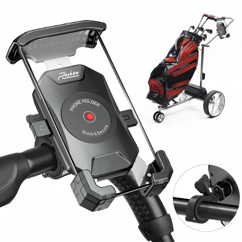 Roykaw Golf Push Cart Phone Holder Mount Compatible with Caddytek,Clicgear,Sun Mountain,Rovic, Caddy, Bag Boy,Golf Push Cart Accessories for Cell Phones,Full Silicone Protection/ 360°Rotatable