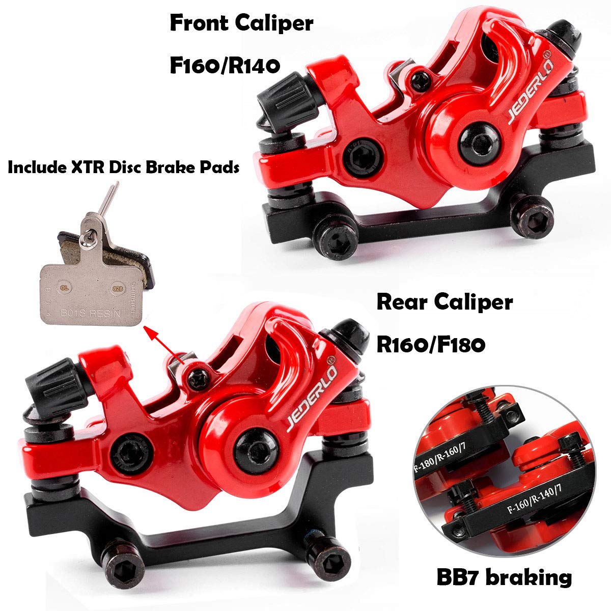 Farbetter Bike Disc Brake Kit, Including Front and Rear Caliper, 160mm Rotor, Mechanic Tool-Free Pad Adjuster for Mountain Bike, Road Cycling, Fixed Gear Bike, MTB, BMX (Red)