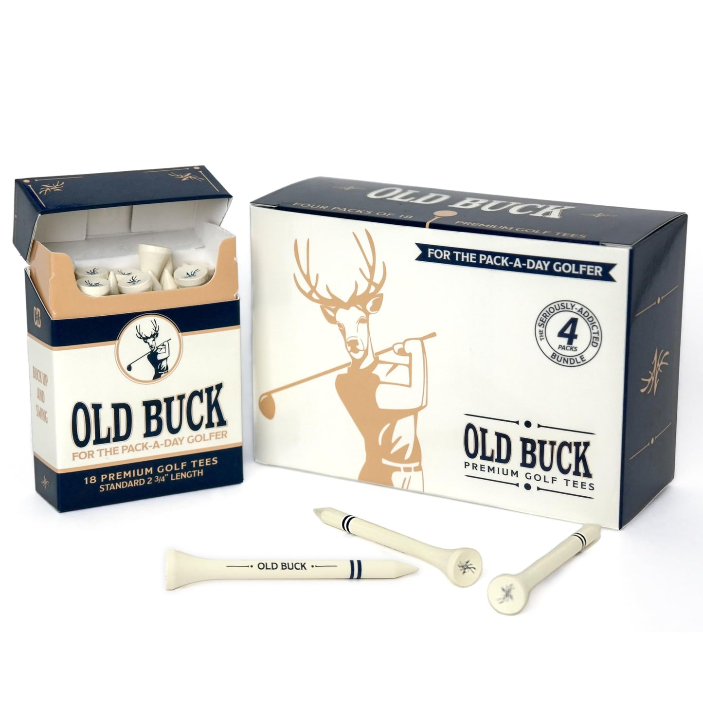 Old Buck 2 3/4" Bamboo Golf Tees, Premium Wooden Driver Tees in Cigarette-Style Carton — 18 Tees — Novelty Golf Gift for Men, Dad & Groomsmen (4 Pack (72 Tees))