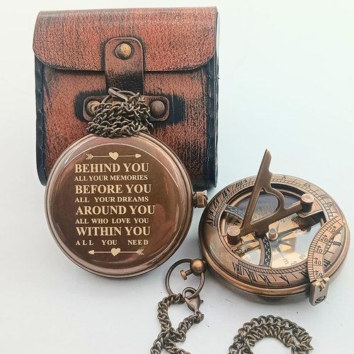 Behind You Engraved Brass Compass Gift for Men - Handcrafted Vintage Brass Sundial Compass – Antique Nautical Sun Clock with Leather Case - Best Graduation Gift - Best College Graduation Gift
