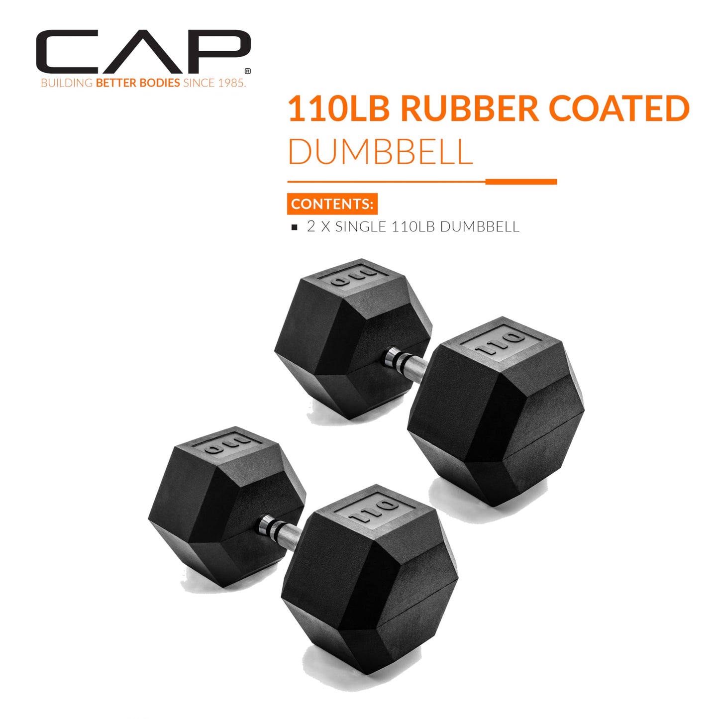 CAP 110 LB Rubber Coated Hex Dumbbell Weight, Rubber Free Weights for Home Gym Strength Training, Chrome Handle, Pair