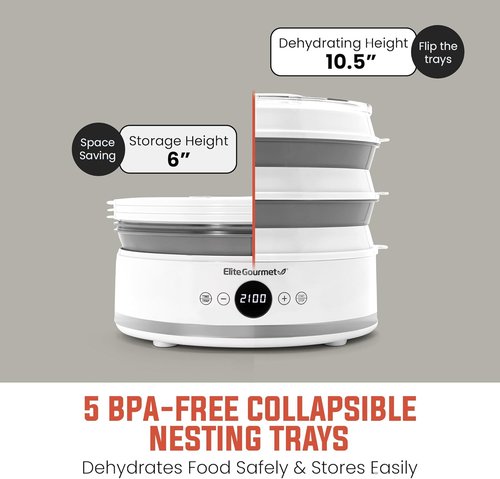 Elite Gourmet Digital Food Dehydrator - 5 BPA-Free SlimStore™ Trays, Adjustable Timer & Temperature, Compact Design, White