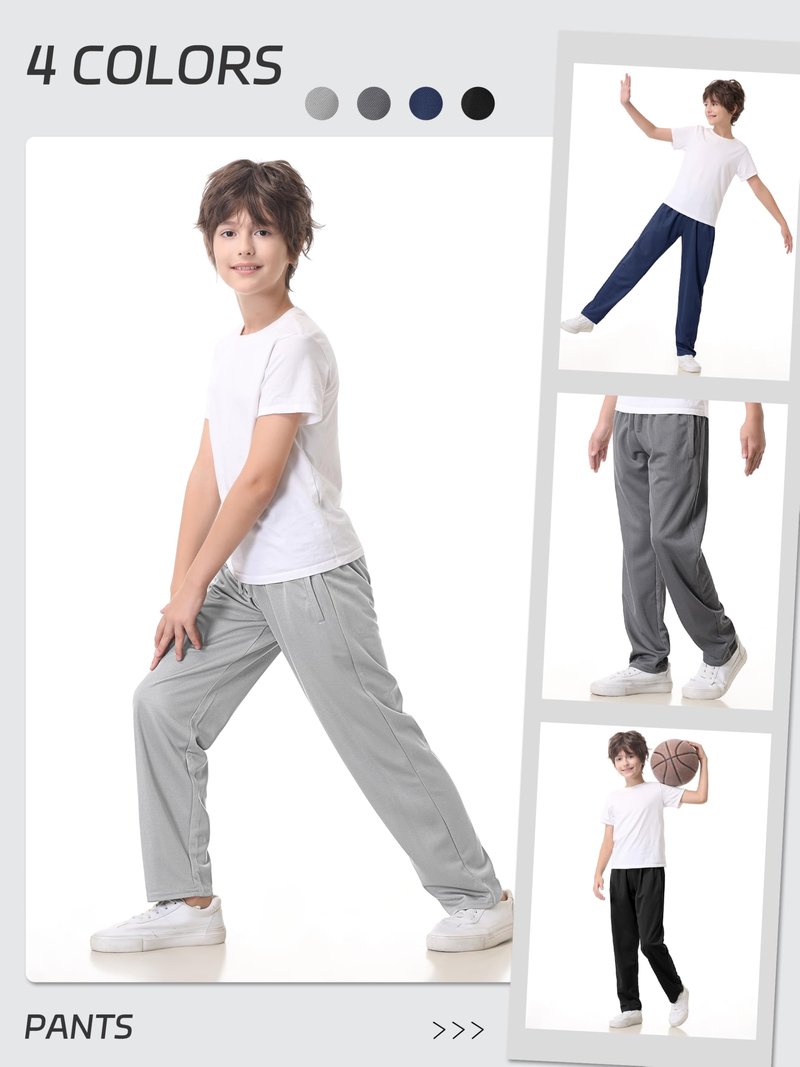 4 Pack Boys Mesh Athletic Pants, Lightweight Pants with Pockets and Drawstring, Thin Open Bottom Active Pants for Boys Black, Navy, Gray, Ash Gray Set A L