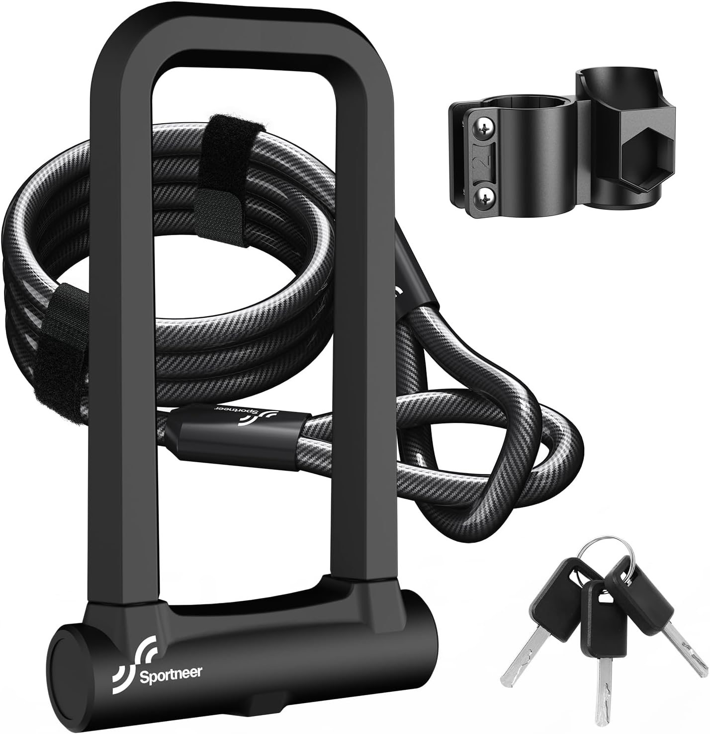 Sportneer Bicycle Lock - 18mm Heavy-Duty Anti-Theft U Lock with 5ft Security Cable & 3 Keys | Fits Road & Mountain Bikes, Size 8.58'' x 4.85''