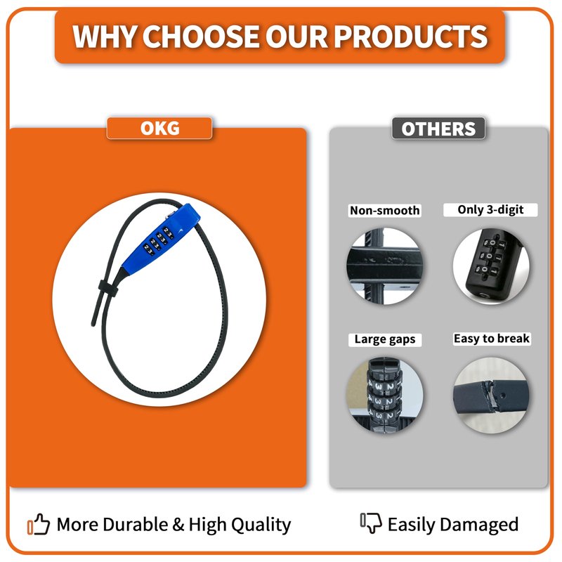 OKG 4-Digit Combination Zip Tie Lock - Anti-Scratch Stainless Steel Cable Bike Lock with Resettable Code, Secure Helmets, Skis, Prams, Bike, Cabinet, French Doors, and More (Blue)