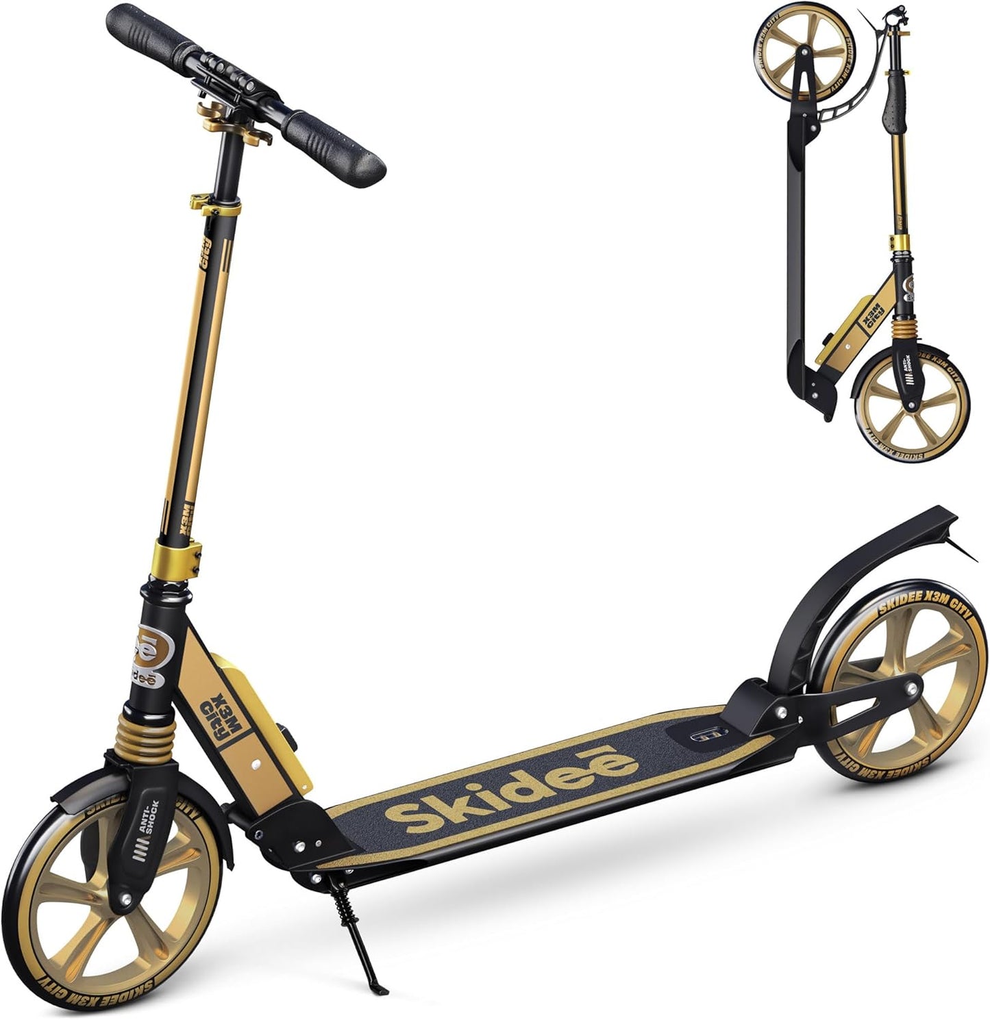 Skidee Adult & Teen Scooter - Adjustable Height, Lightweight & Durable with Large Wheels | Anti-Shock Suspension, 220 lbs Capacity