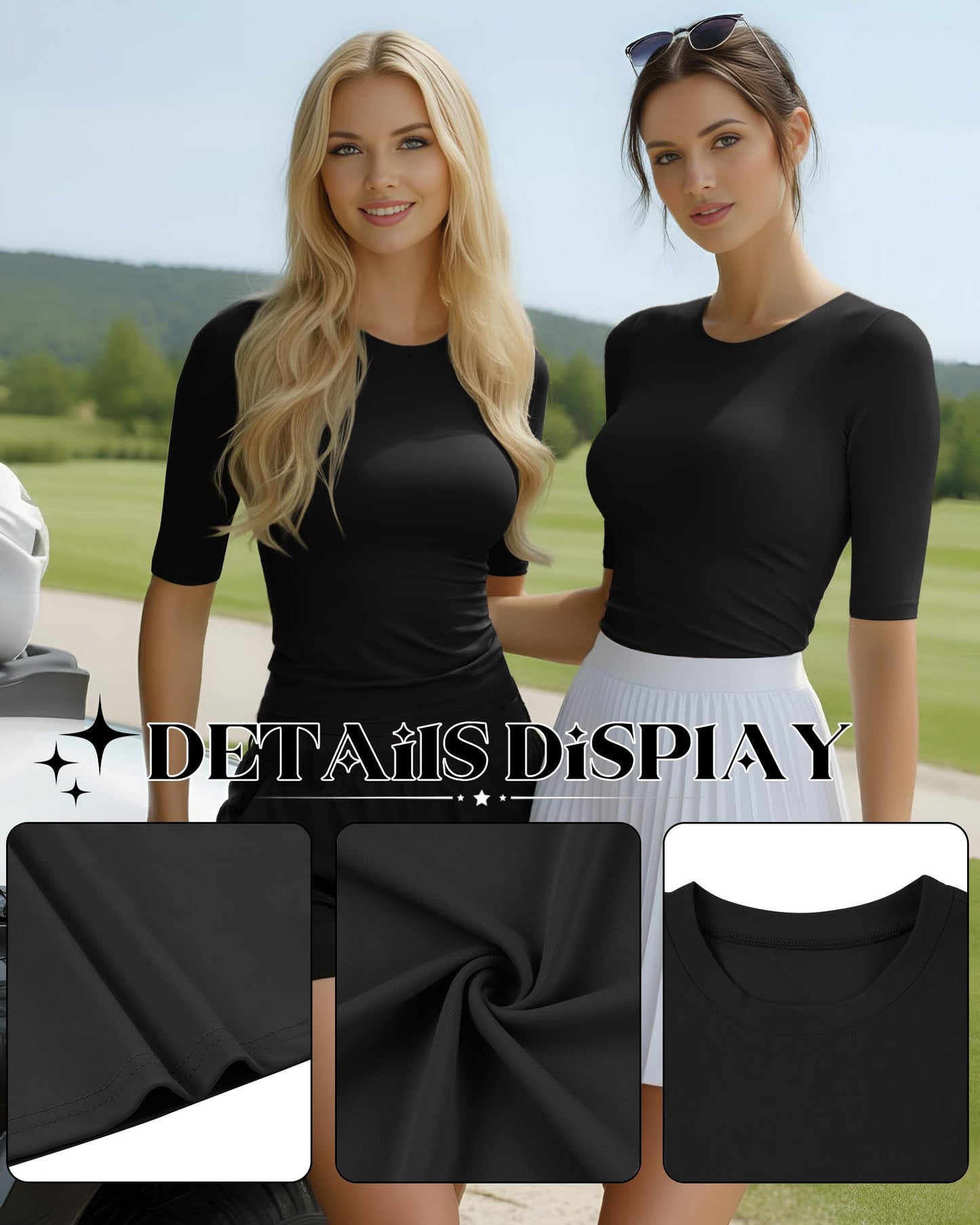 3 Pack Women's Workout Shirts Half Sleeve Compression Tops Slim Fit Elbow Length Crew Neck Tee Athletic 1/2 Sleeve T-Shirts(Medium,Black, Black, Black)