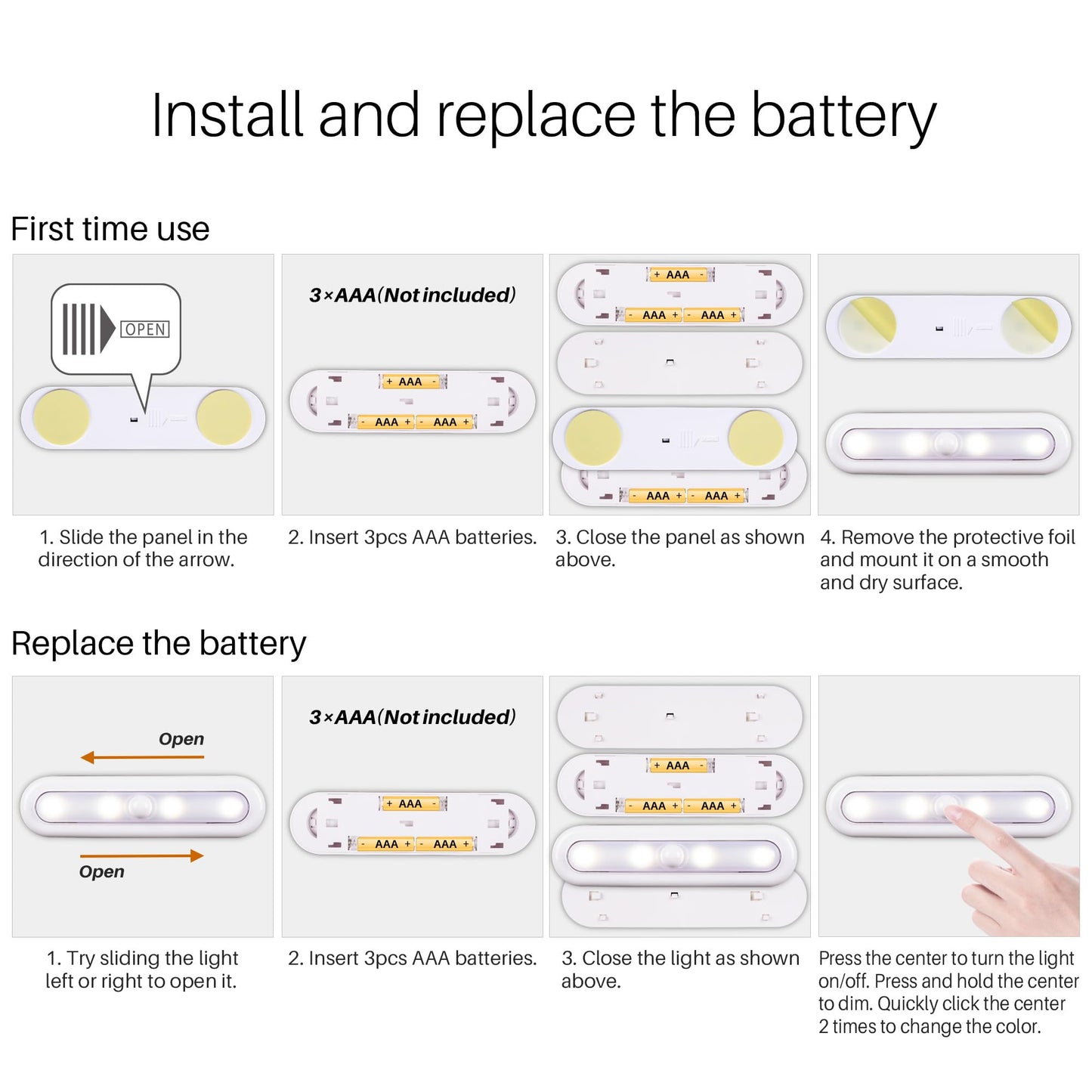 STAR-SPANGLED 3 Pack 7” Dimmable Push Tap Lights, Stick on LED Touch Lights AAA Battery Operated for Kitchen, Closet, Under Cabinet, 3 Color Modes