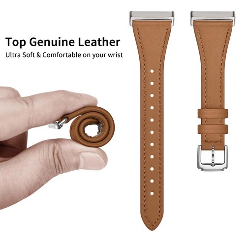 Slim Leather Bands Compatible With Fitbit Versa 4, Leather Replacement Strap For Versa 4 Bands For Women (Brown/Silver)