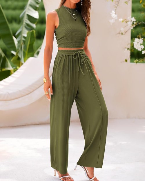 BTFBM Summer Outfits | Women's Cropped Sleeveless Tank Top & Wide Leg Pants Set - Beach Lounge Wear