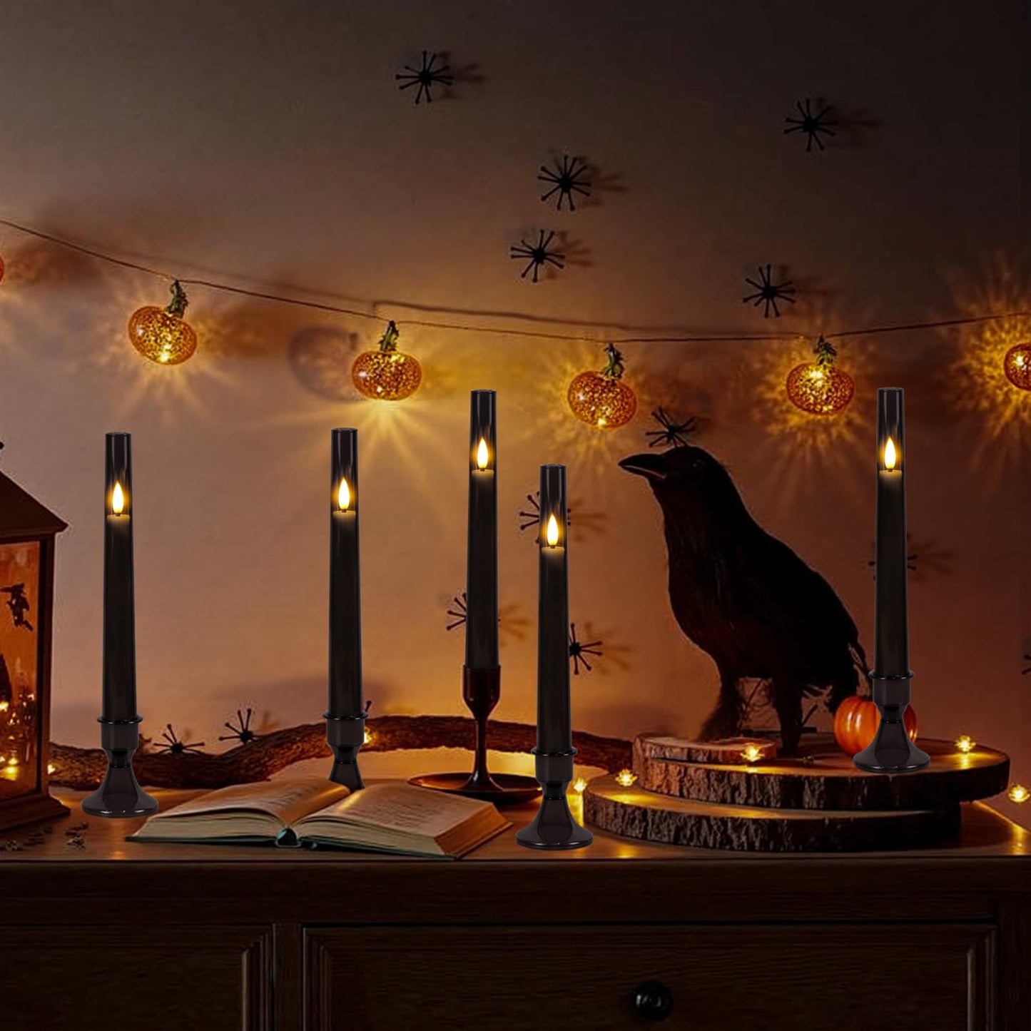 KunSwenn Black Flameless Taper Candles with Remote, Halloween Battery Operated Taper Candles with Base, LED Flameless Battery Candlesticks for Home Holiday Decor(Set of 6, Acrylic Shell)