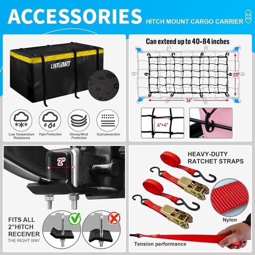 LWTURMRT Cargo Carrier Basket - 58" x 24" Folding Hitch Mount for SUVs | 500LBS Capacity, Black with Bag