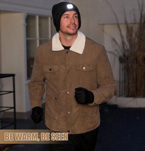 MELASA Winter Fleece Line LED Beanie with Earflap, USB Rechargeable Outdoor Warm Hats with The Light Gifts for Men Black