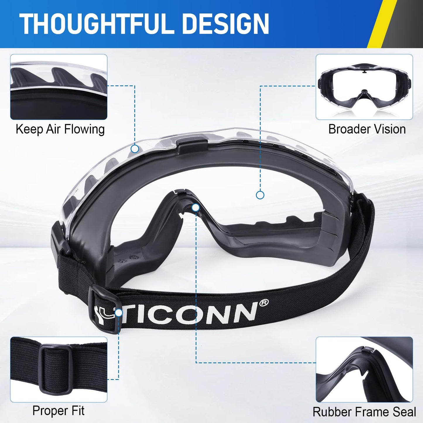 TICONN Anti-Fog Safety Goggles, Adjustable Safety Goggles Over Glasses, ANSI Z87.1 UV385 Eye Protection Glasses for Adults