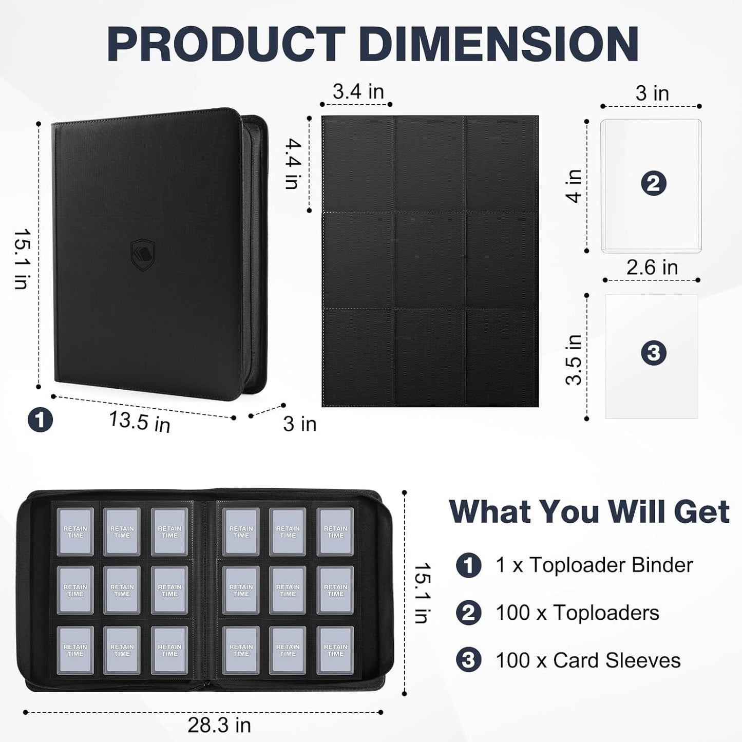 Toploader Binder - Holds 360 Toploaders | Includes 100 Toploaders - 9-Pocket PU Cover for 3" x 4" Cards