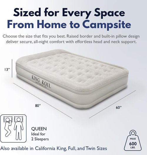 King Koil Luxury Queen Size Air Mattress - Built-In High-Speed Pump | Waterproof & Adjustable, 1-Year Warranty